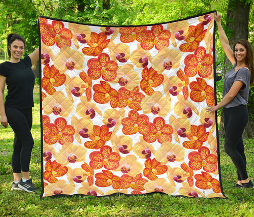 Orange Yellow Orchid Flower Pattern Background Premium Quilt