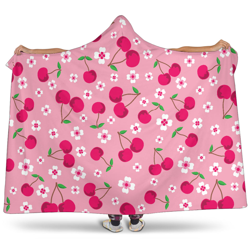 Cherry Flower Pattern Pink Background Hooded Blanket