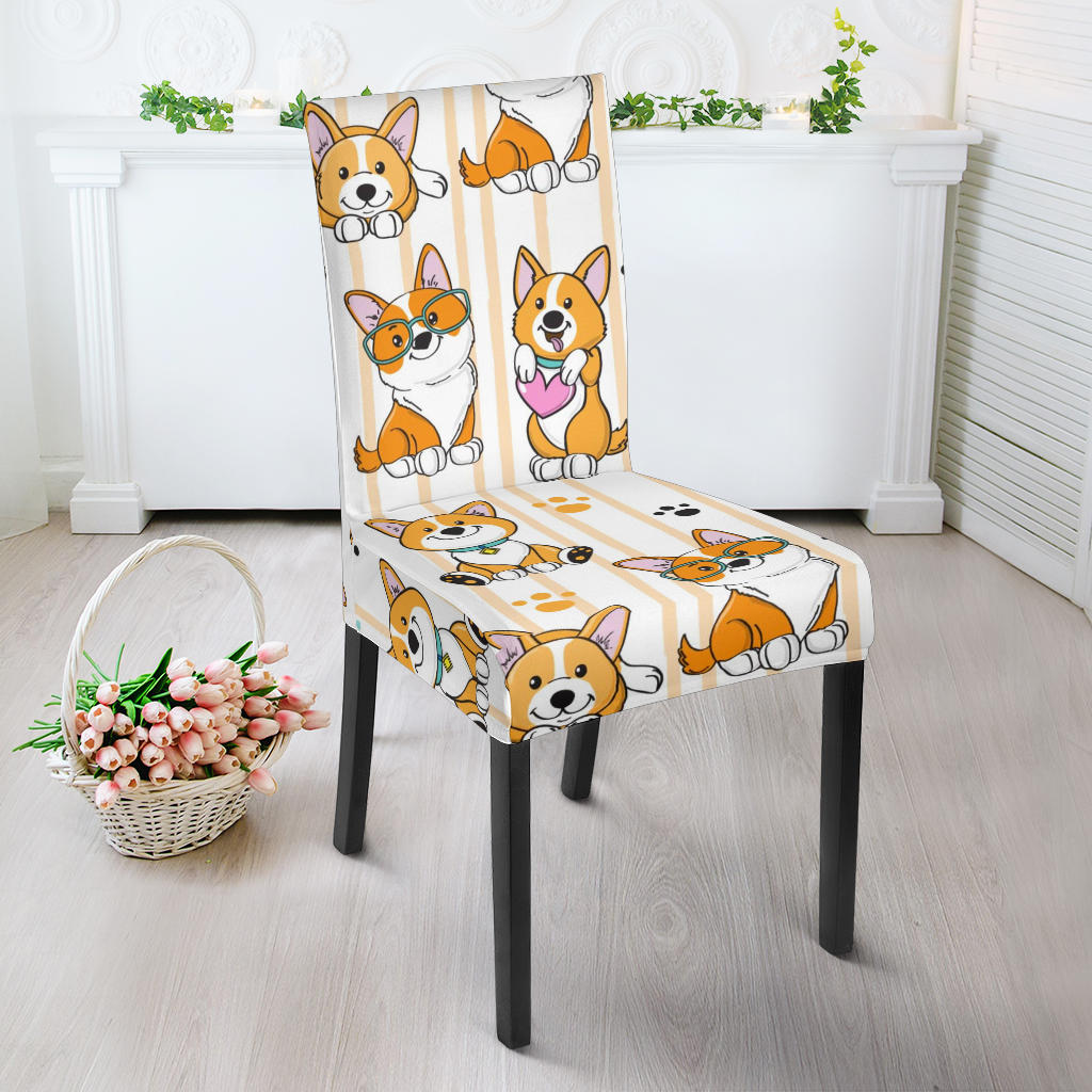 Cute Dog Corgi Striped Background Pattern Dining Chair Slipcover