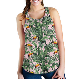 Toucan tropical green jungle palm pattern Women Racerback Tank Top