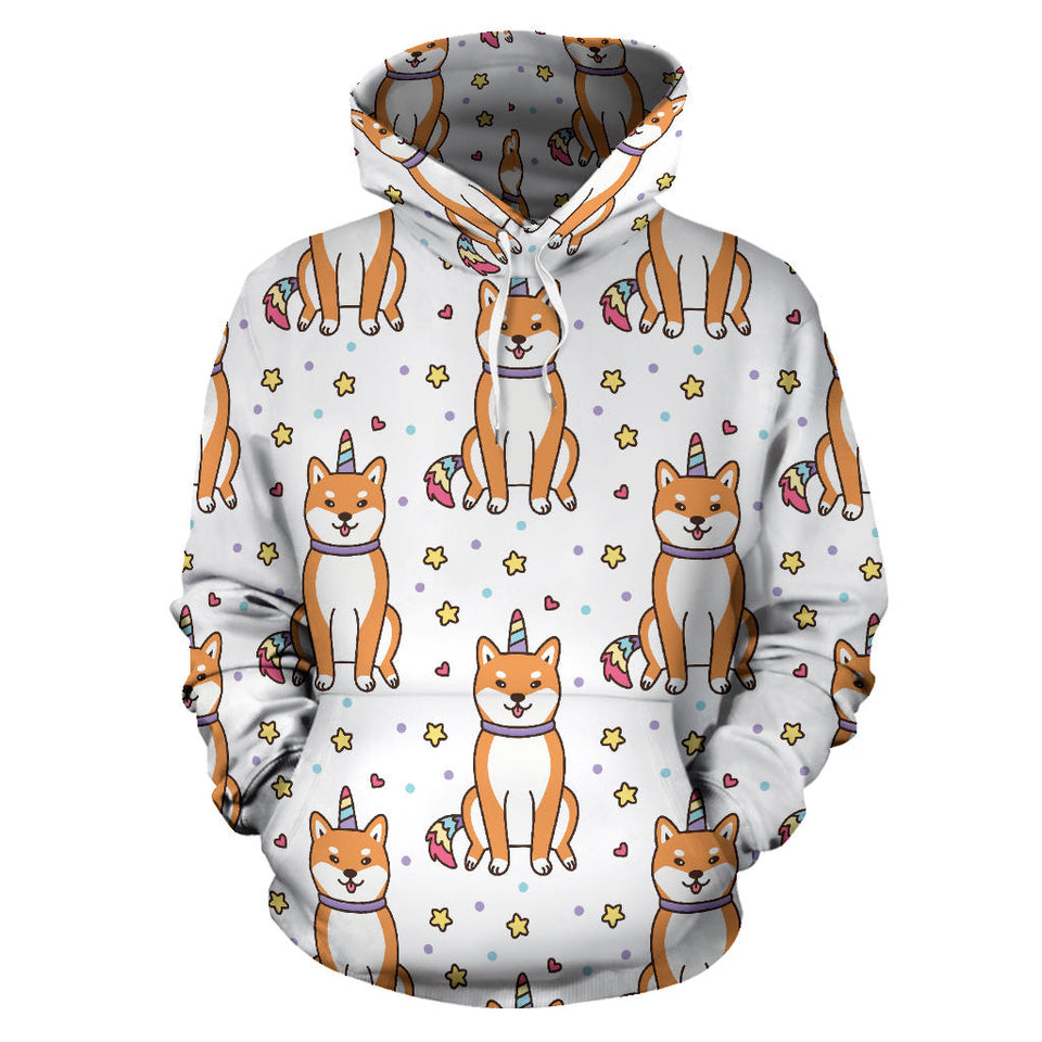 Shiba Inu Unicorn Costume Horn Colorful Tail Pattern Men Women Pullover Hoodie