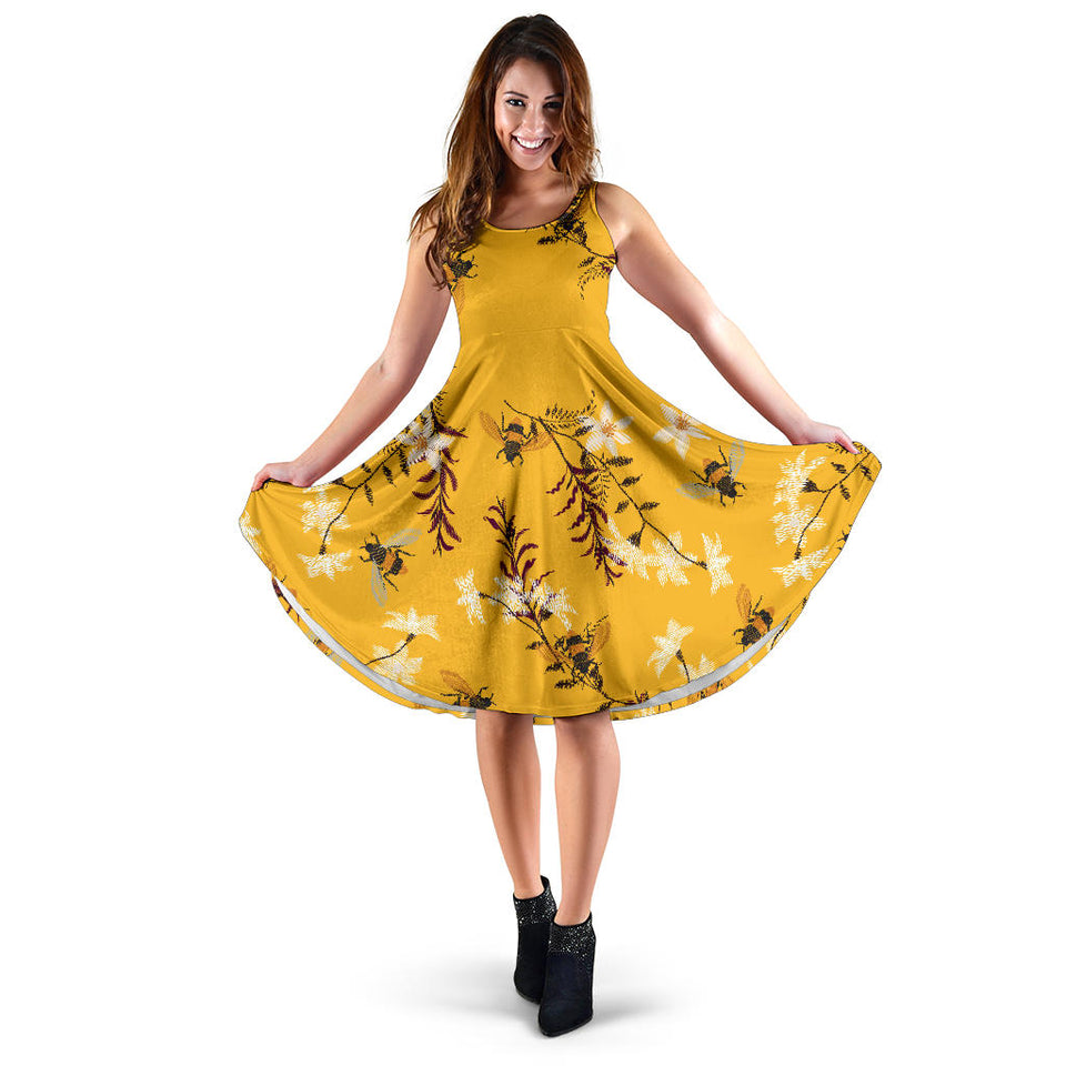 Bee Flower Pattern Sleeveless Midi Dress