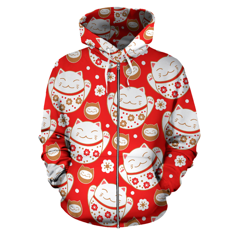 Cute Maneki Neko Cat Red Background Zip Up Hoodie