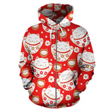 Cute Maneki Neko Cat Red Background Zip Up Hoodie