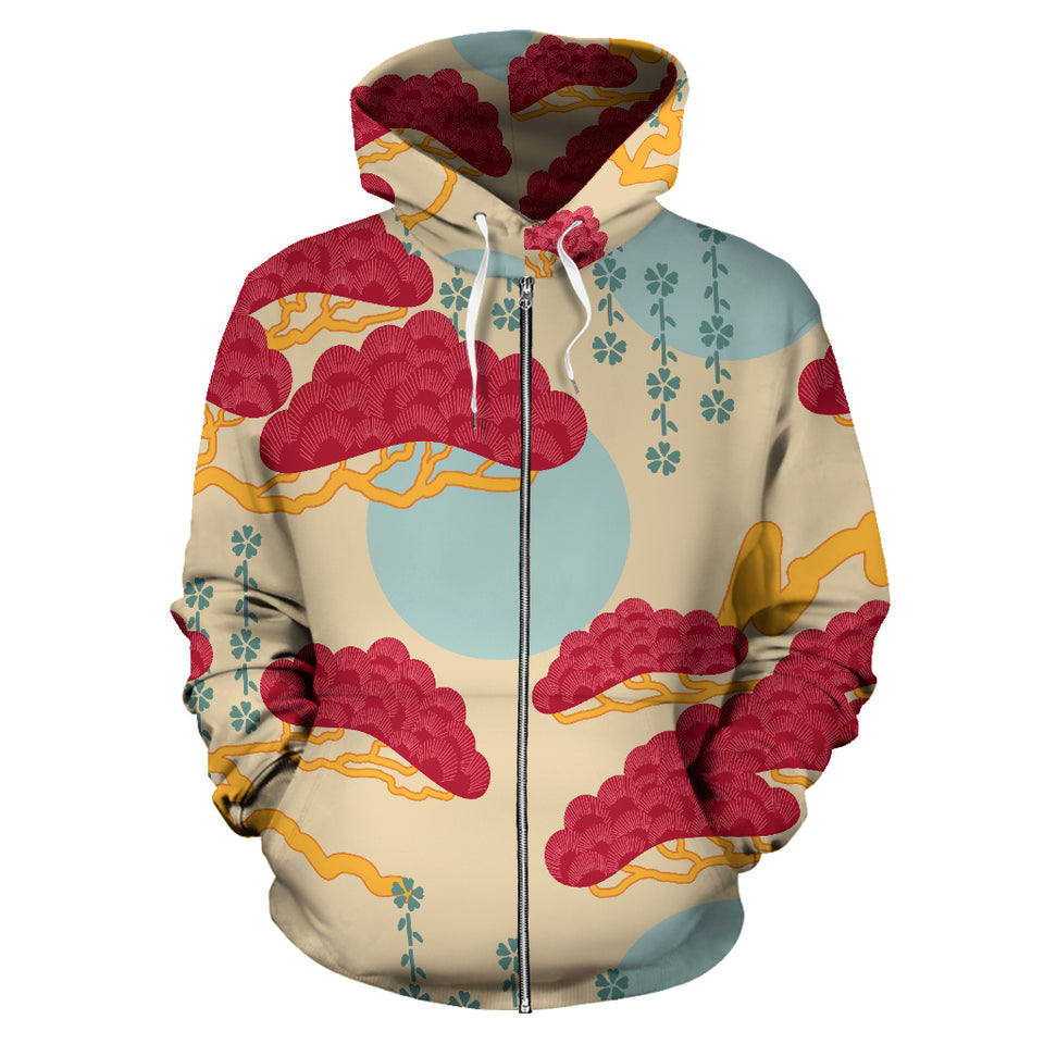 Red Bonsai Gray Sun Japanese Pattern Zip Up Hoodie