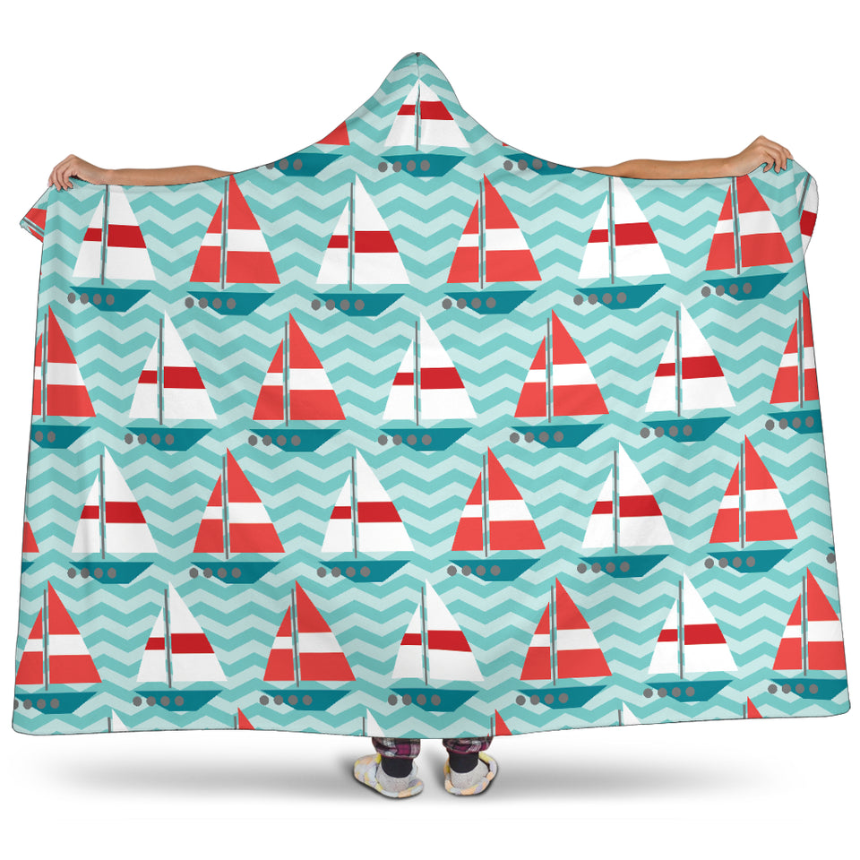 Red White Sailboat Wave Background Hooded Blanket