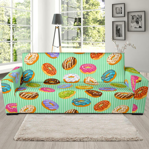 Colorful Donut Pattern Green Background Sofa Slipcover