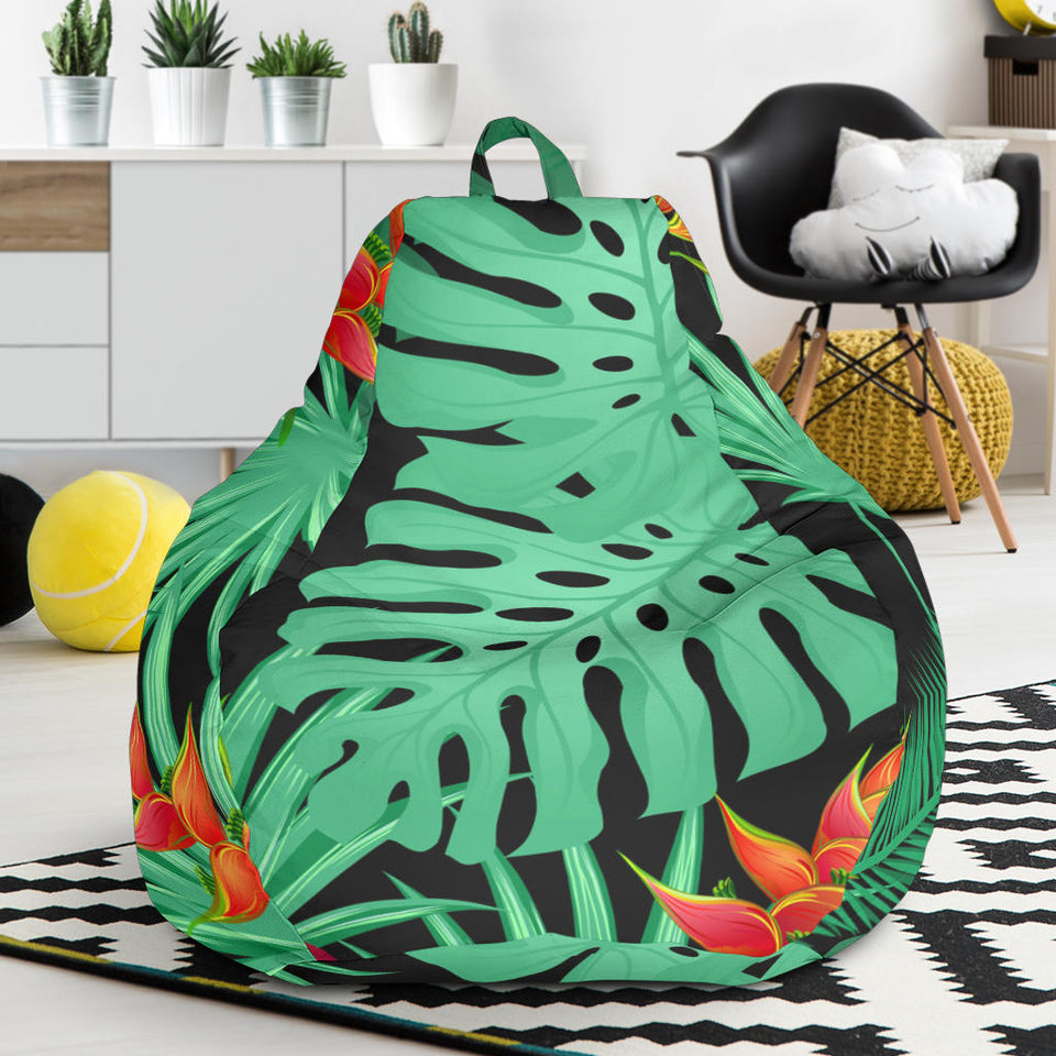 Heliconia Flower Palm Monstera Leaves Black Background Bean Bag Cover