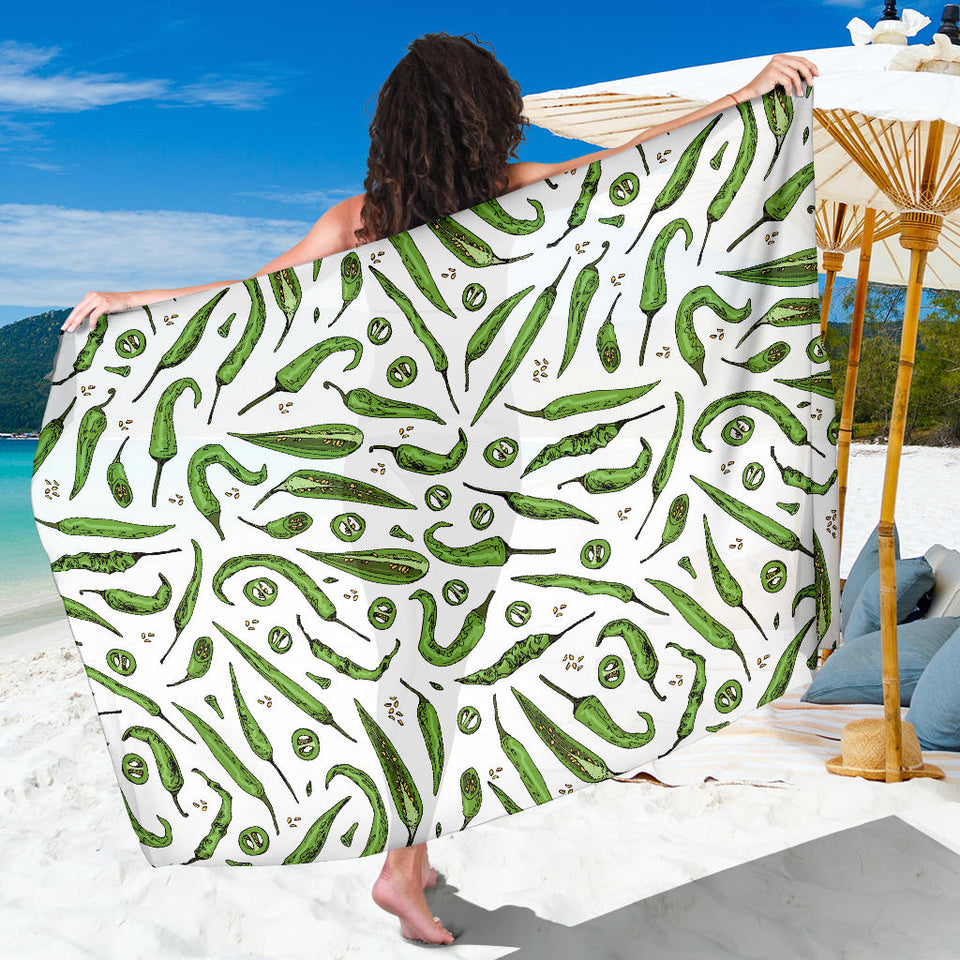 Hand Drawn Sketch Style Green Chili Peppers Pattern Sarong