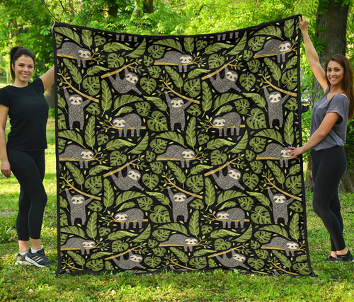 Cute Sloths Tropical Palm Leaves Black Background Premium Quilt
