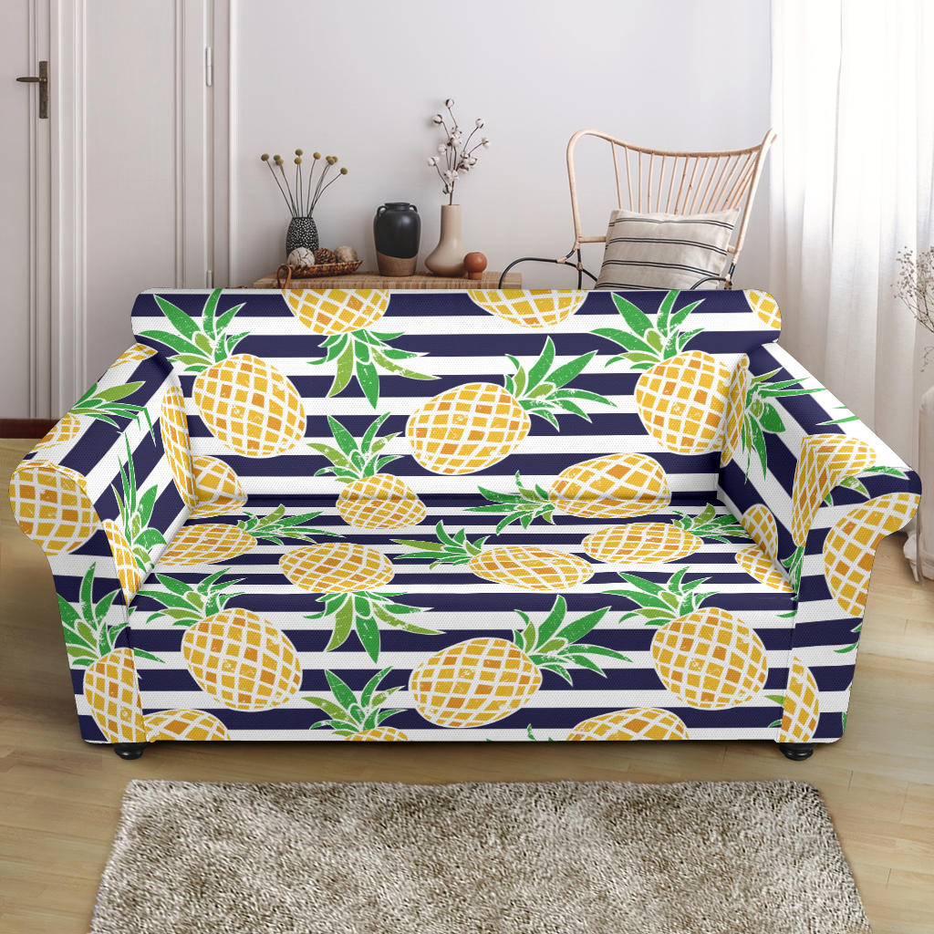 Pineapples Pattern Striped Background Loveseat Couch Slipcover