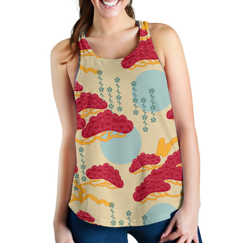 Red Bonsai gray sun japanese pattern Women Racerback Tank Top