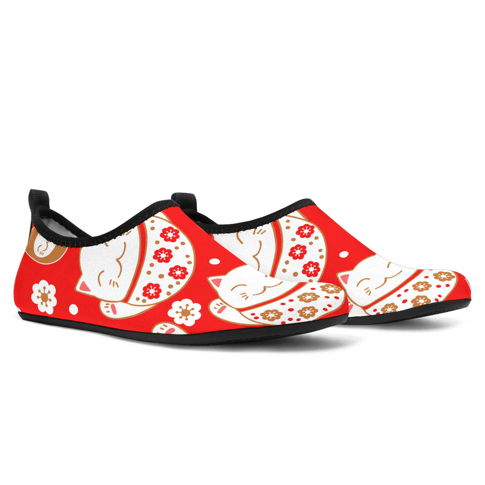 Cute Maneki Neko Lucky Cat Red Background Aqua Shoes