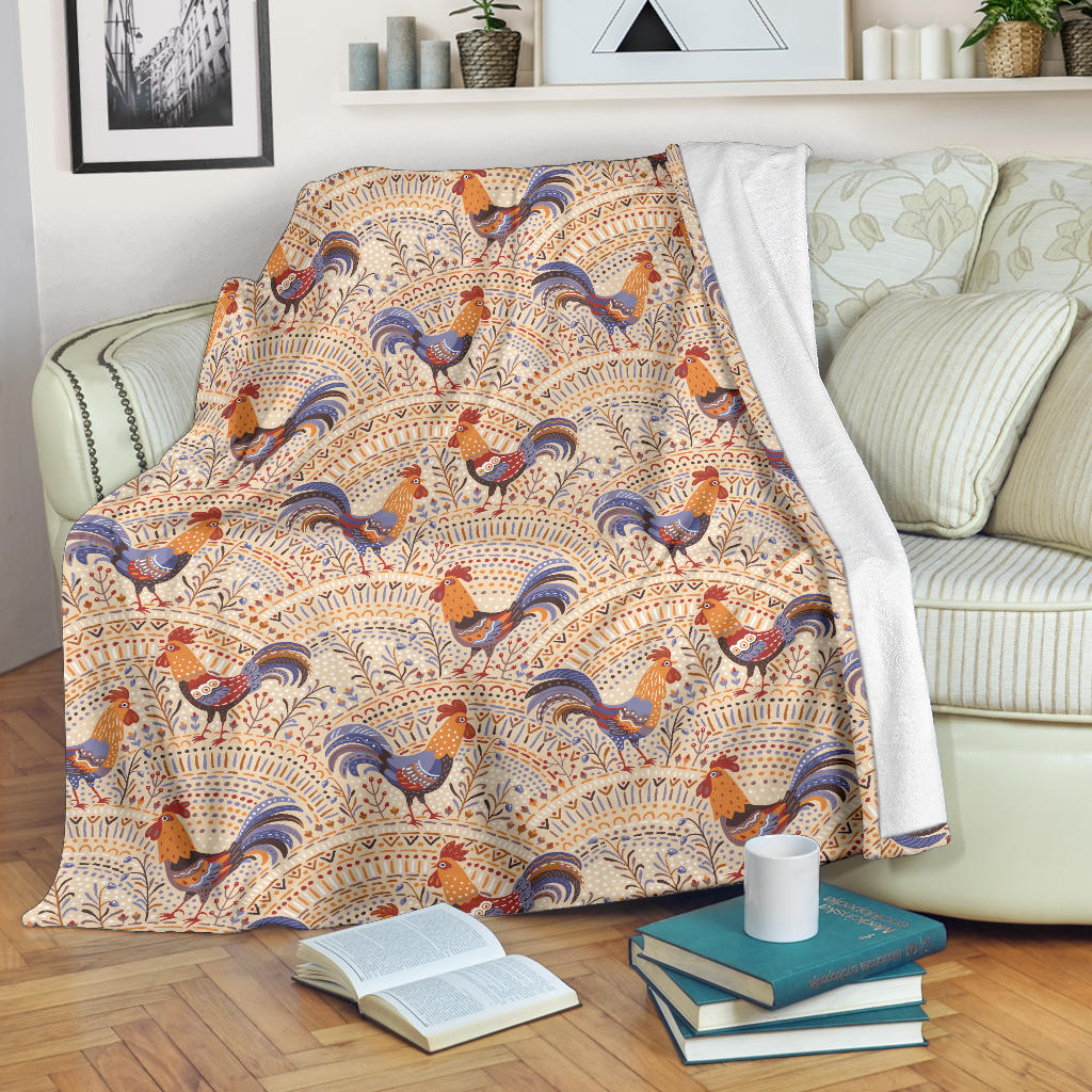 Cute Rooster Chicken Cock Floral Ornament Background Premium Blanket