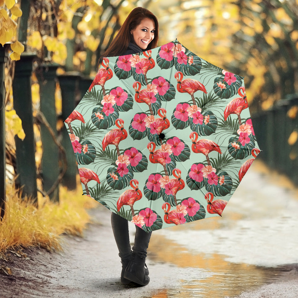 Beautiful Flamingo Tropical Palm Leaves Hibiscus Pateern Background Umbrella