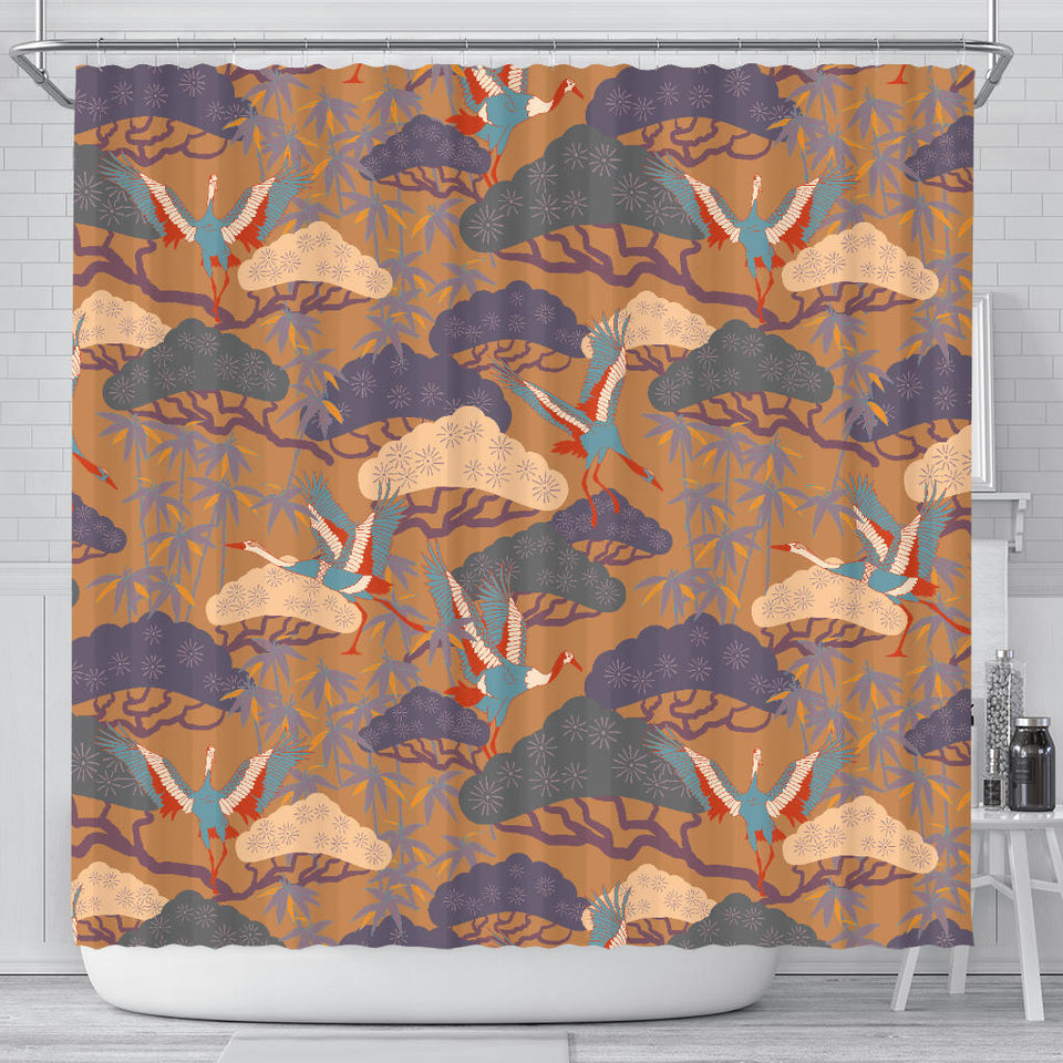 Bonsai Bamboo Stork Japanese Pattern Brown Theme Shower Curtain Fulfilled In US