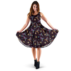 Hummingbird Pattern Print Design 04 Sleeveless Midi Dress