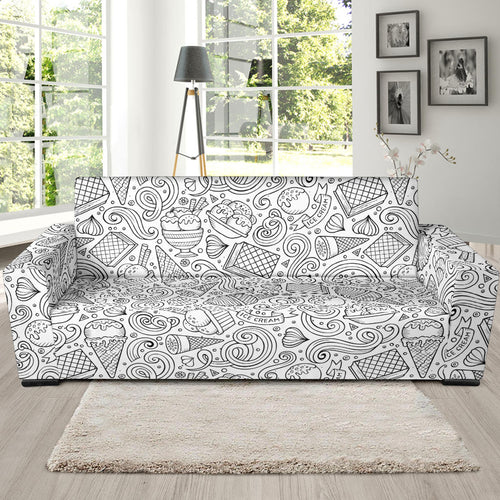 Cartoon Hand Drawn Ice Cream Black White Sofa Slipcover
