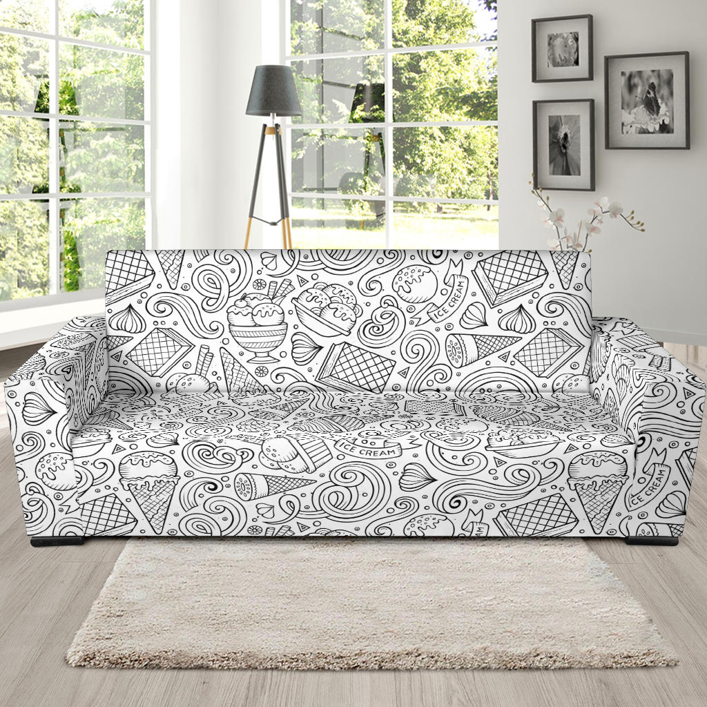 Cartoon Hand Drawn Ice Cream Black White Sofa Slipcover