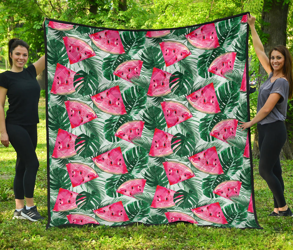 Watermelons Tropical Palm Leaves Pattern Premium Quilt