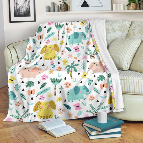 Cute Elephants Palm Tree Flower Butterfly Pattern Premium Blanket
