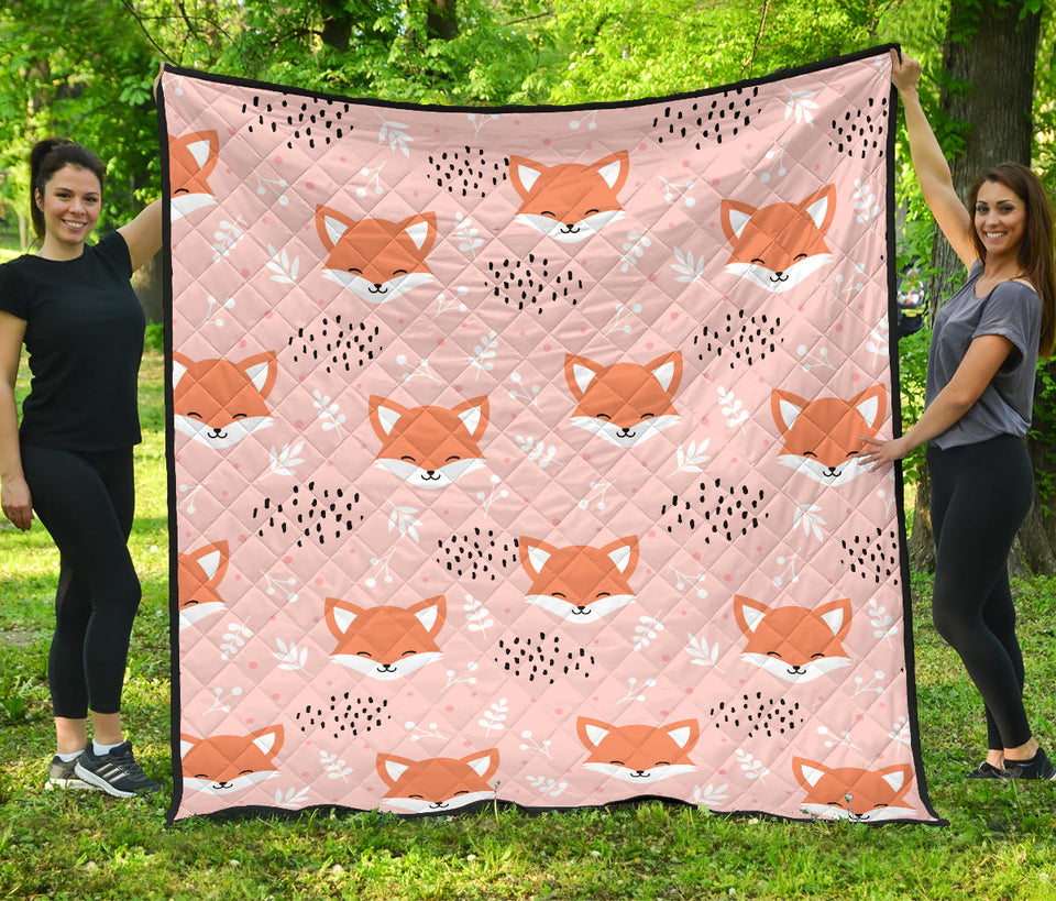 Cute Fox Pattern Pink Background Premium Quilt