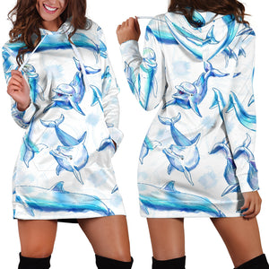 Watercolor Dolphin Pattern Women'S Hoodie Dress