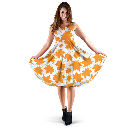 Orange Maple Leaf Pattern Sleeveless Midi Dress