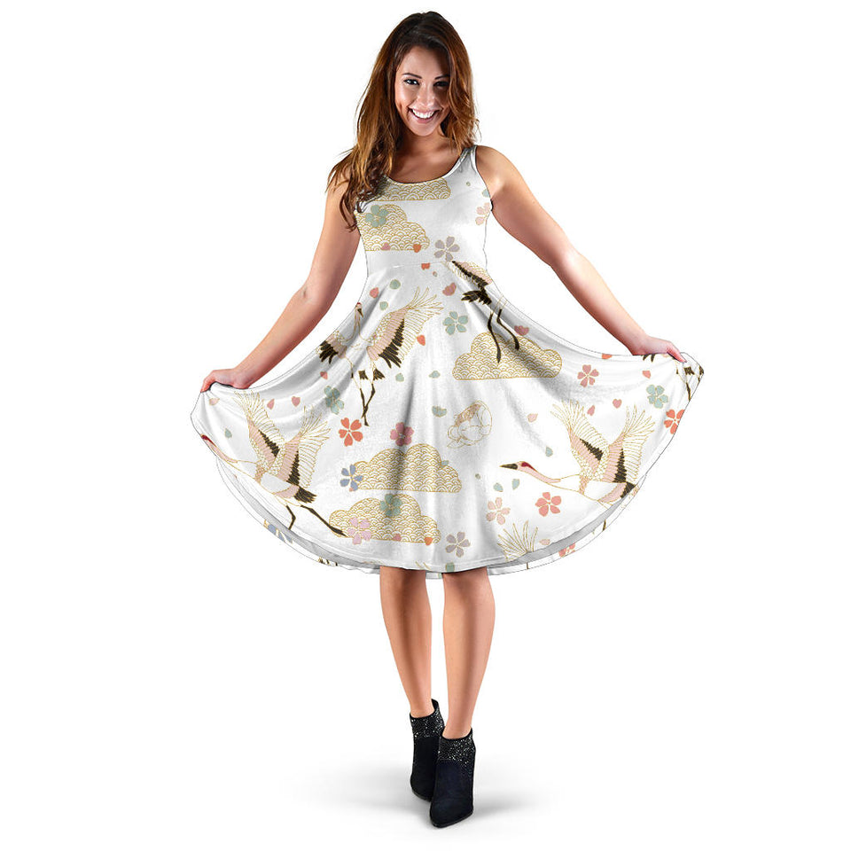 Beautiful Japanese Cranes Pattern Sleeveless Midi Dress