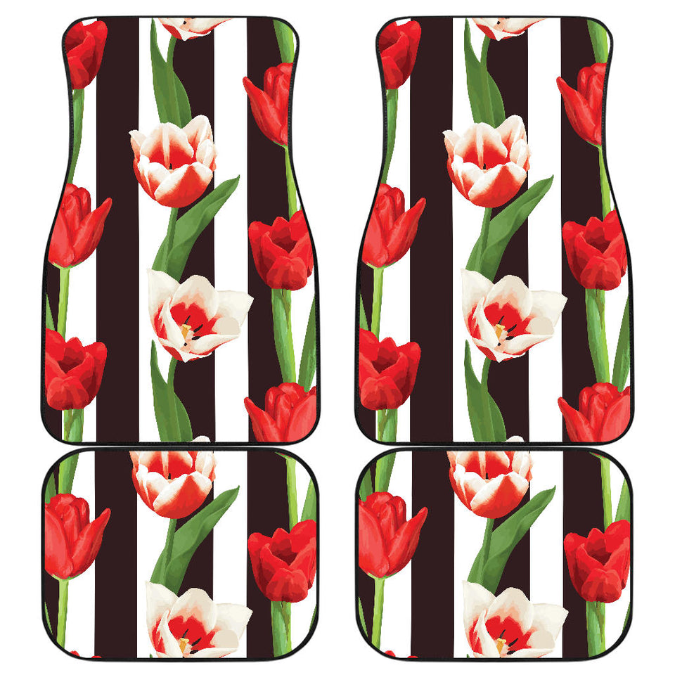 Red And White Tulips Pattern Front And Back Car Mats