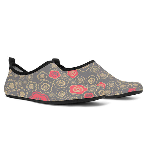 Red Gold Sakura Cherry Blossom Gray Background Aqua Shoes