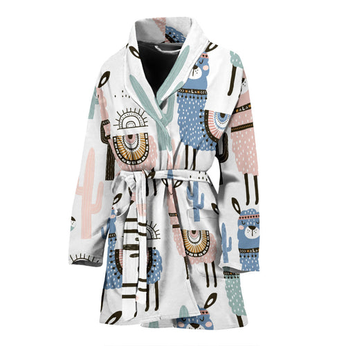 Lama Alpaca Cactus Hand Drawn Pattern Women'S Bathrobe
