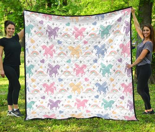 Colorful Unicorn Rainbow Heart Pattern Premium Quilt