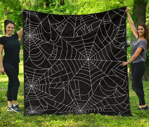 Spider Web Pattern Black Background White Cobweb Premium Quilt
