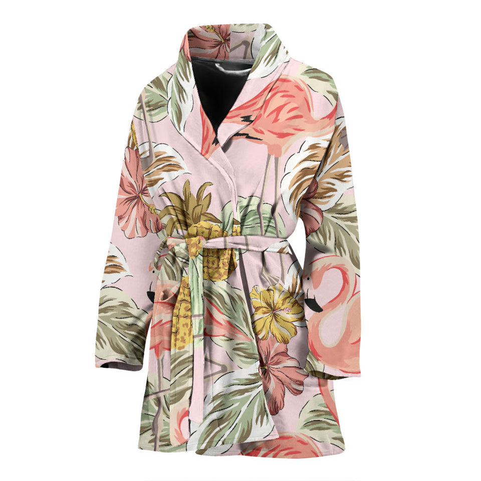 Pink Flamingo Birds Pineapples Hibiscus Flower Pattern Women'S Bathrobe