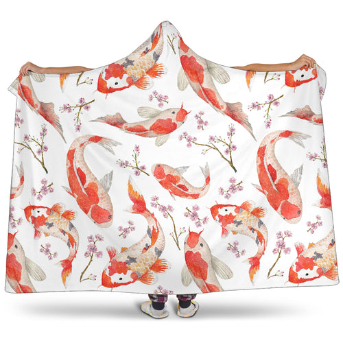 Watercolor Koi Fish Carp Fish Pattern Hooded Blanket