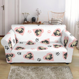 Cute Pugs Pink Heart Paw Pattern Loveseat Couch Slipcover