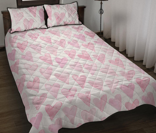 Watercolor pink heart pattern Quilt Bed Set