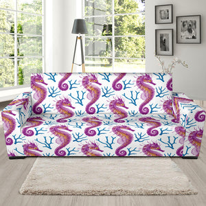 Purple Seahorse Blue Coral Pattern Sofa Slipcover