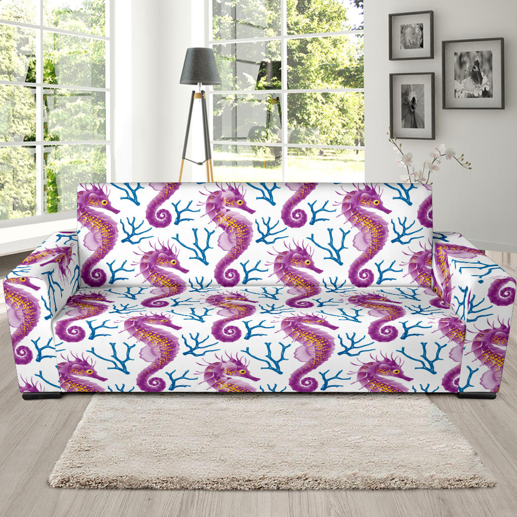 Purple Seahorse Blue Coral Pattern Sofa Slipcover