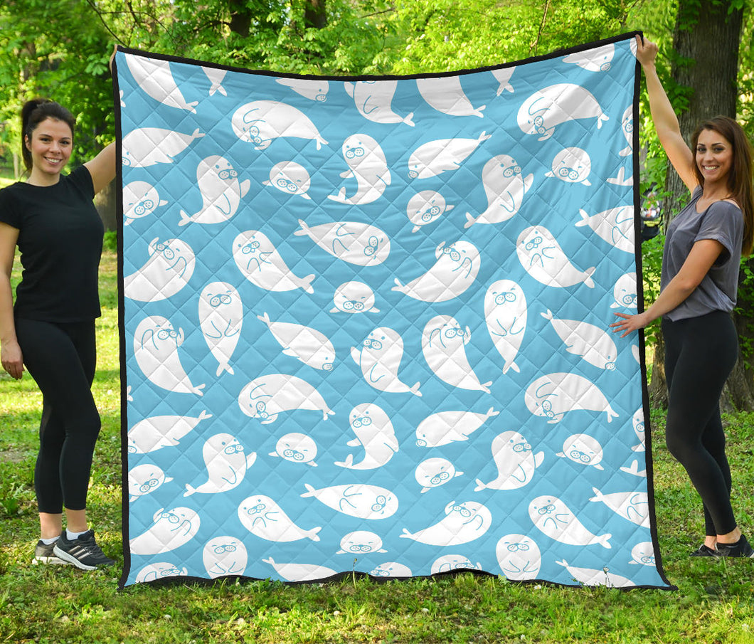 Cute White Sea Lion Seals Pattern Premium Quilt