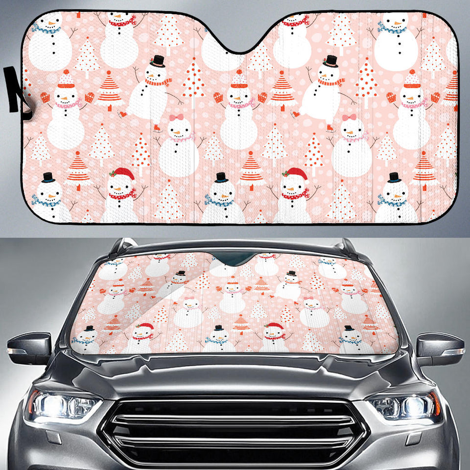 Cute Snowman Christmas Tree Snowpink Background Car Sun Shade