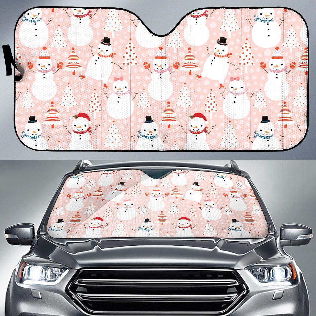 Cute Snowman Christmas Tree Snowpink Background Car Sun Shade