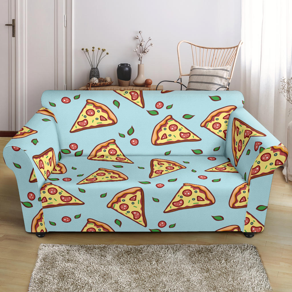 Hand Drawn Pizza Blue Background Loveseat Couch Slipcover