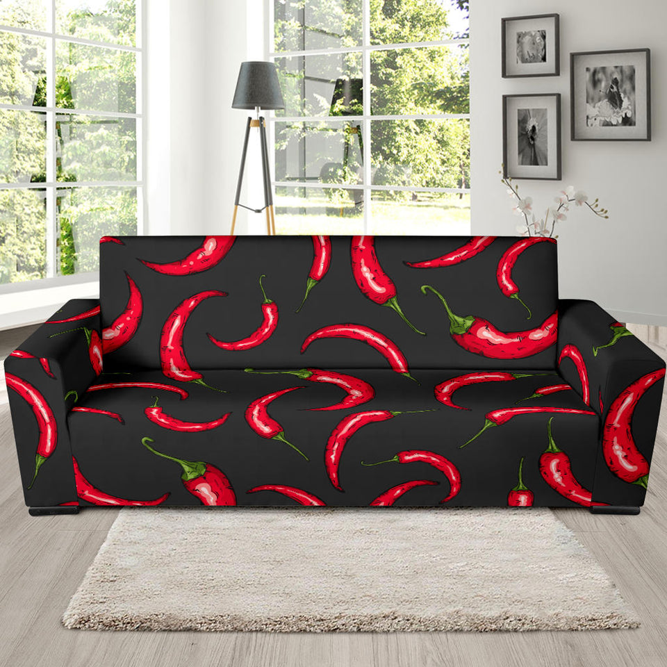 Chili Peppers Pattern Black Background Sofa Slipcover