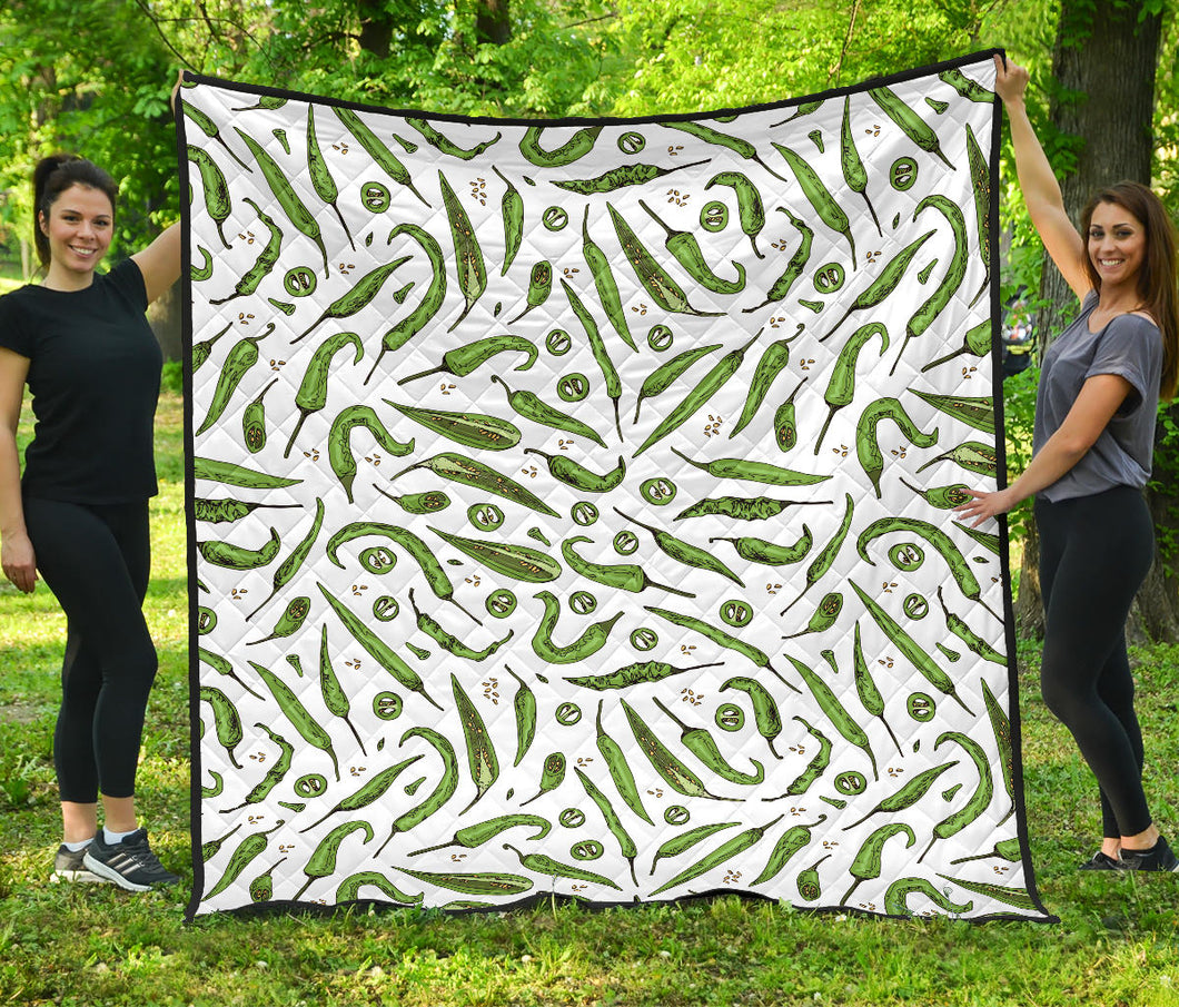 Hand Drawn Sketch Style Green Chili Peppers Pattern Premium Quilt