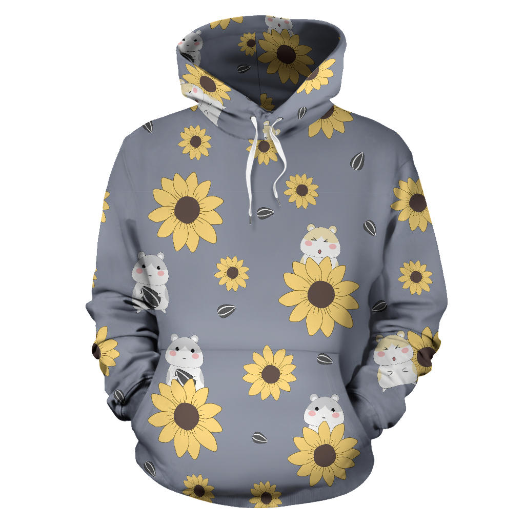 Cute Hamster Sunflower Pattern Background Men Women Pullover Hoodie
