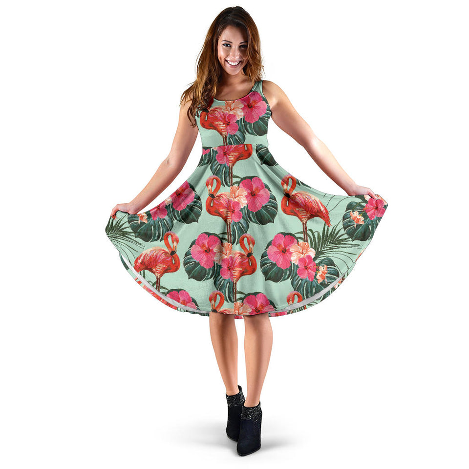 Beautiful Flamingo Tropical Palm Leaves Hibiscus Pateern Background  Sleeveless Midi Dress