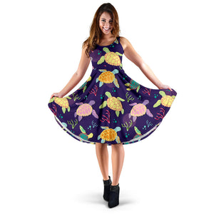 Colorful Sea Turtle Pattern Sleeveless Midi Dress