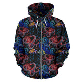 Octopus Sea Wave Tropical Fishe Pattern Zip Up Hoodie